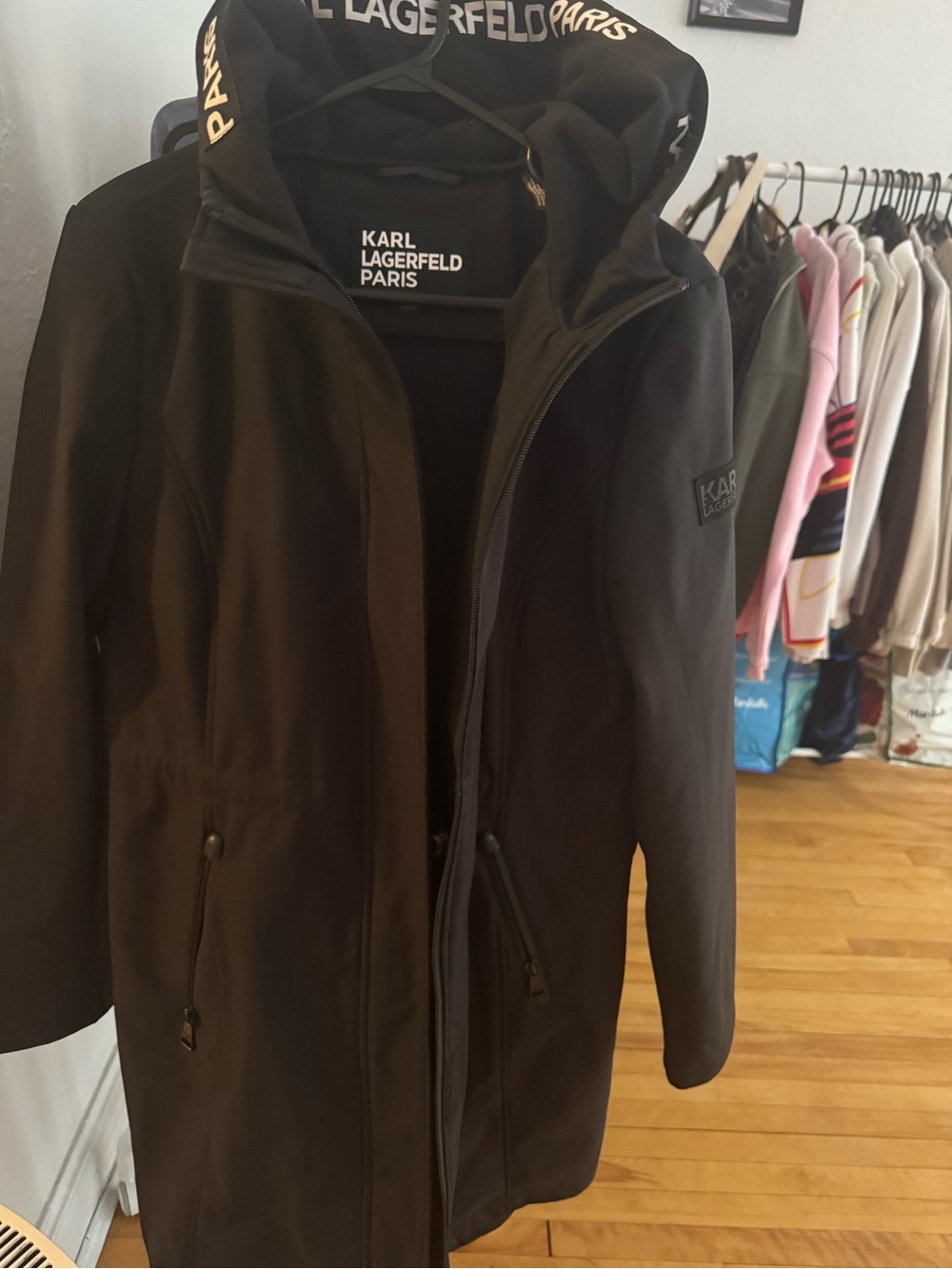 Karl Lagerfeld Black Hooded Trench Coat